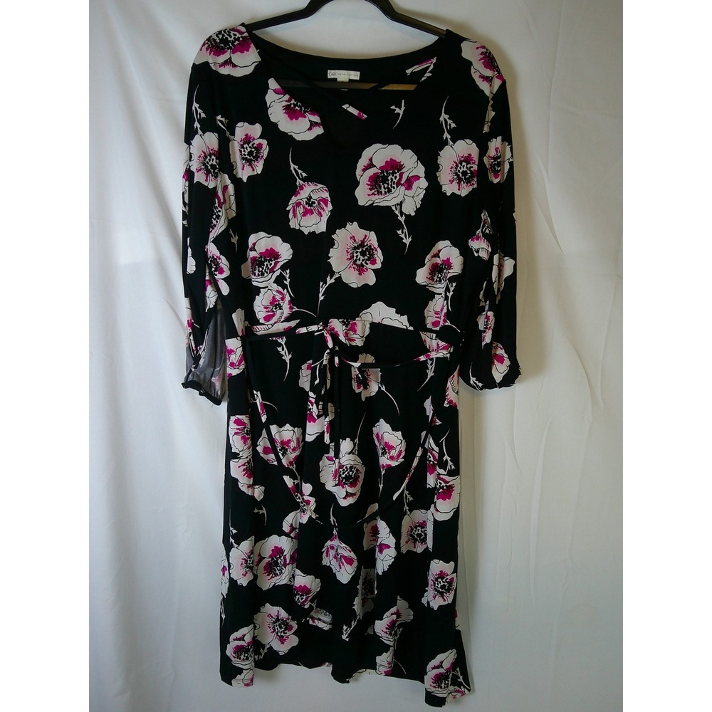 Cato Women's XL‎ Black Floral Dress Long Sleeve Tie Waist Midi Dress